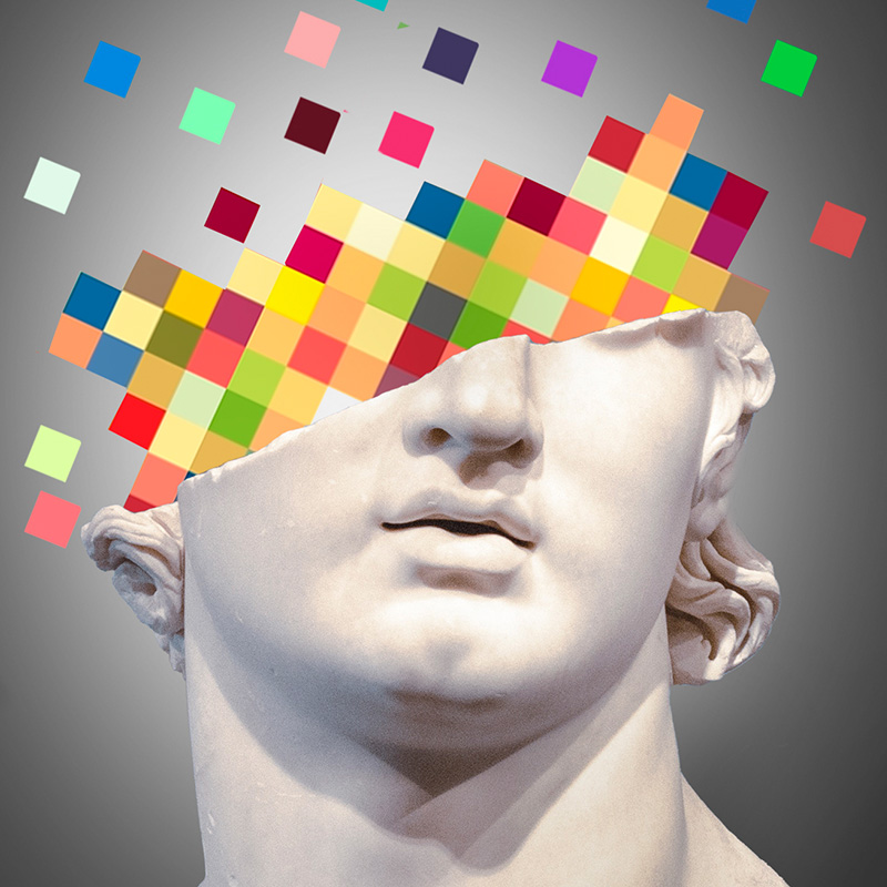 Testa di scultura in marmo bianco che si dissolve in tanti piccoli quadrati colorati